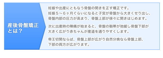 産後骨盤矯正とは妊娠や出産にともなう骨盤の開きを正す矯正です。妊娠5~6ヶ月ぐらいになると子宮が骨盤から大きくせり出し、骨盤内部の圧力が高まり、骨盤上部が徐々に開きはじめます。次に出産時の陣痛が始まると、骨盤の靱帯が弛緩し骨盤下部が大きく広がり赤ちゃんが産道を通りやすくします。帝王切開ならば、骨盤上部が広がり自然分娩なら骨盤上部、下部の両方が広がります。
