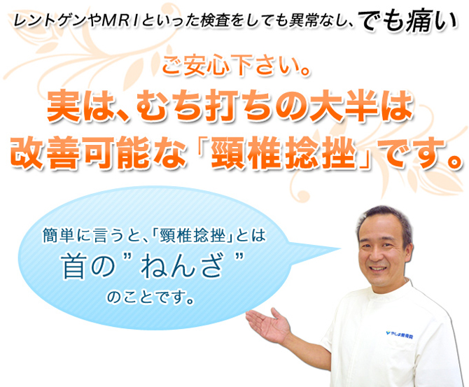 レントゲンやＭＲＩといった検査をしても異常なし、でも痛い。ご安心ください。実はむち打ちの大半は改善可能な「頸椎捻挫」です